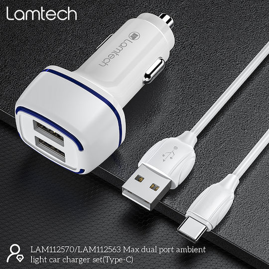 Lamtech Φορτιστής Αυτοκινήτου 2.4A Γρήγορης Φόρτισης με Θύρες: 2xUSB 1xType-C μαζί με Καλώδιο Type-C Λευκός