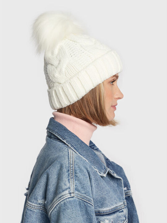 Pom Pom Beanie Γυναικείος Σκούφος με Πλεξούδες σε Λευκό χρώμα