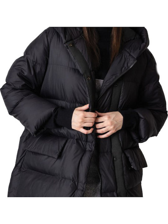 Women's Long Puffer Jacket for Winter with Hood Black