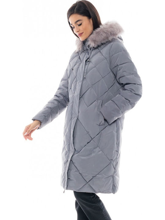 Women's Long Puffer Jacket for Winter with Hood Dk Grey