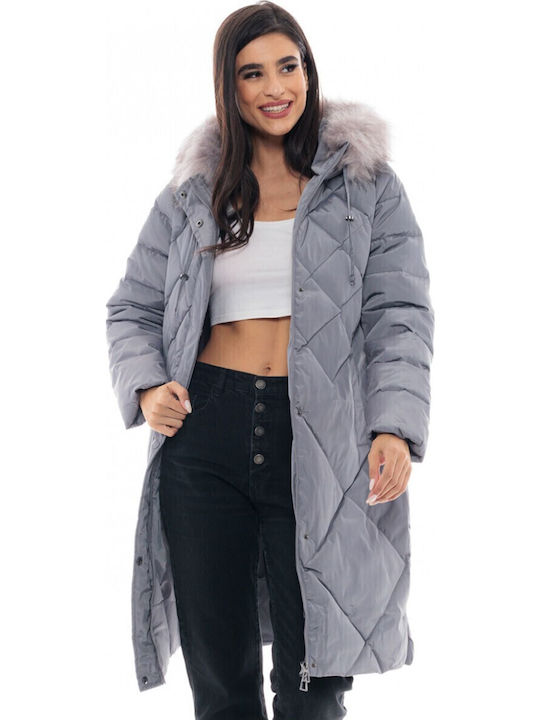 Women's Long Puffer Jacket for Winter with Hood Dk Grey