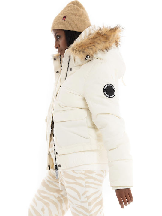 Everest Kurz Damen Puffer Jacke mit pelziger Kapuze für Winter Off White