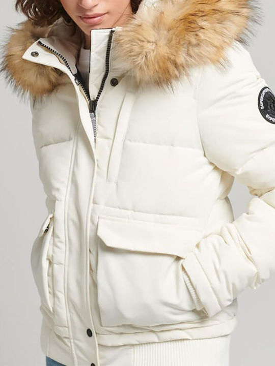 Everest Kurz Damen Puffer Jacke mit pelziger Kapuze für Winter Off White