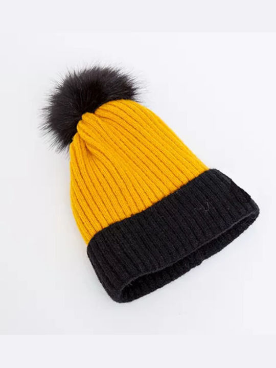 Fragola CP-02 Pom Pom Beanie Frauen Beanie mit Rippstrick Yellow/Black CP02