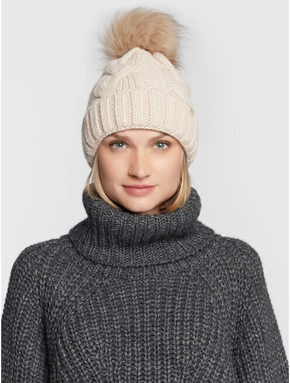 Pom Pom Beanie Frauen Beanie mit Strickmuster in Beige Farbe