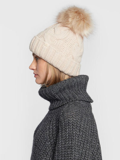 Pom Pom Beanie Frauen Beanie mit Strickmuster in Beige Farbe