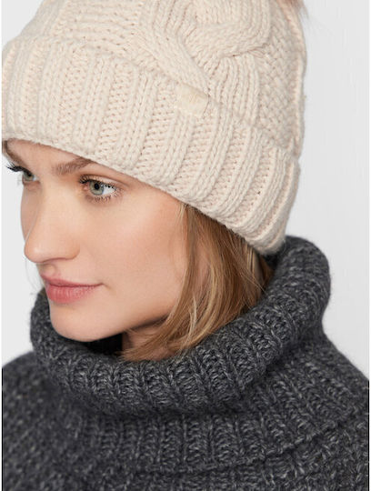 Pom Pom Beanie Frauen Beanie mit Strickmuster in Beige Farbe