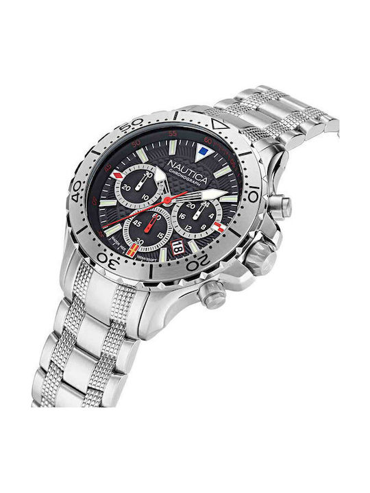 Nautica Herrenuhr 46mm Chronograph Batterie mit Silber Metallarmband