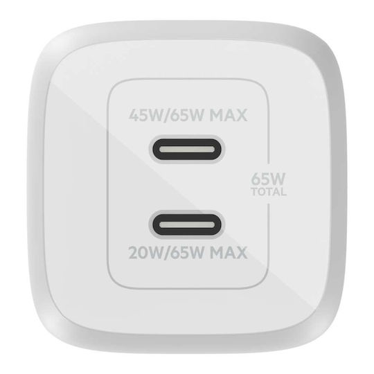 Belkin Φορτιστής GaN με 2 Θύρες USB-C και Καλώδιο USB-C 65W Power Delivery Λευκός (WCH013VF2MWH-B6)