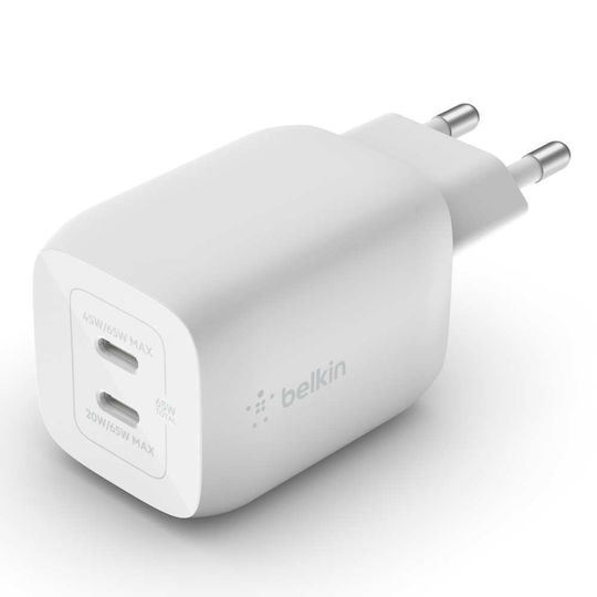 Belkin Φορτιστής GaN με 2 Θύρες USB-C και Καλώδιο USB-C 65W Power Delivery Λευκός (WCH013VF2MWH-B6)