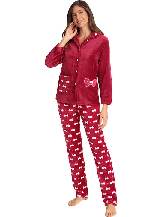 Lydia Creations Winter Damen Pyjama-Set Vlies Burgundisch