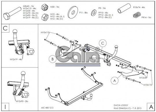 Galia Automatic Tow Hook Car Dacia Lodgy Van 2012 Automatic Maximum Towing Weight 1500kg