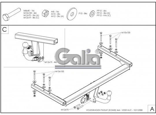 Galia Tow Hook Car Volkswagen Passat Sedan Kombi 1998 - 2005 Maximum Towing Weight 2100kg with Screws