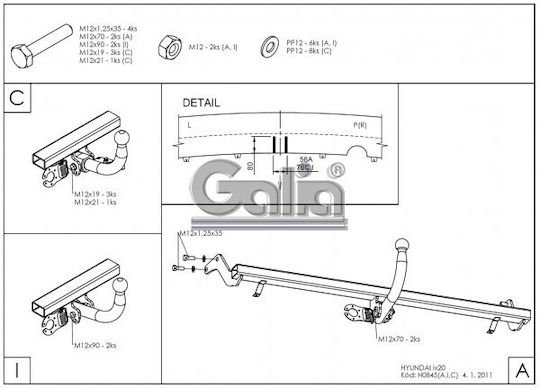 Galia Atașament de remorcare Car Hyundai ix20 2010 cu Bolțuri Tracțiune maximă 1300kg
