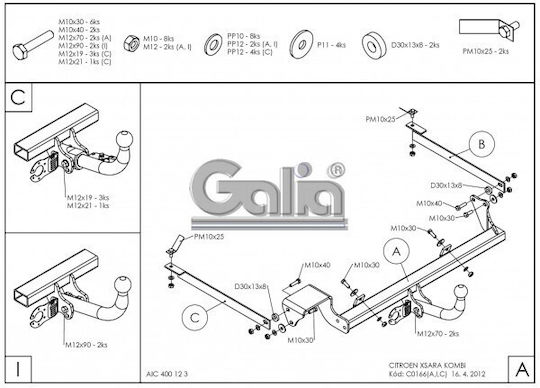 Galia Automatic Tow Hook Car Citroen Xsara Kombi 1998 - 2005 Automatic Maximum Towing Weight 1300kg