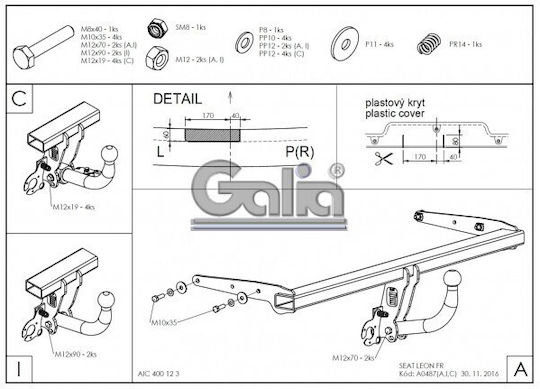 Galia Tow Hook Car Seat Leon Hatchback 2013 - 2017 with bolts Maximum Towing Weight 2000kg with Screws