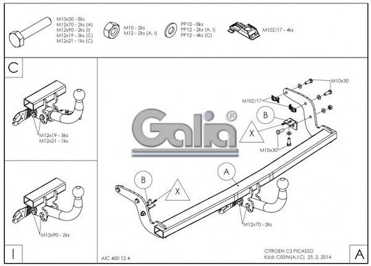 Galia Automatic Tow Hook Car Citroen C3 Picasso 2009 Automatic Maximum Towing Weight 1400kg