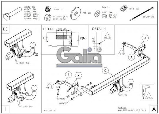 Galia Tow Hook Car Fiat 500L Hatchback 2012 - 2018 with bolts Maximum Towing Weight 1200kg with Screws
