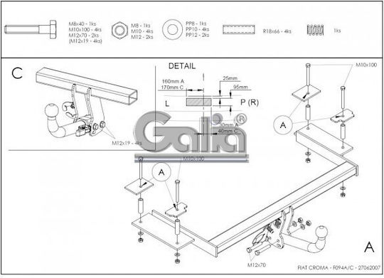 Galia Automatic Tow Hook Car Fiat Croma Kombi 2005 Automatic Maximum Towing Weight 1500kg