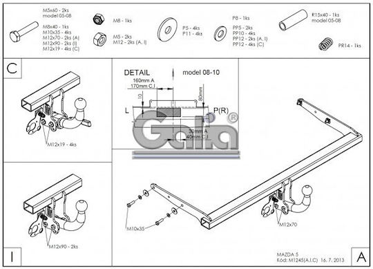 Galia Tow Hook Car Mazda 5 2005 with Bolts Maximum Towing Weight 1600kg with Screws