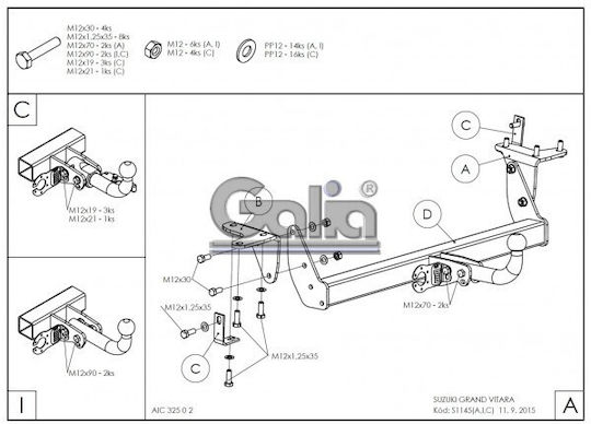 Galia Κοτσαδόρος για Suzuki Grand Vitara 3θυρο 2005 - 2010 με Βίδες Μέγιστης Έλξης 1800kg