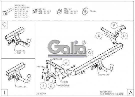 Galia Automatic Tow Hook Car Toyota RAV 4 Suv 2006 - 2013 Automatic Maximum Towing Weight 2000kg