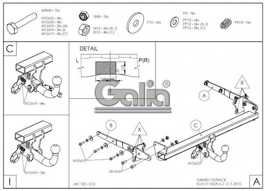 Galia Automatic Tow Hook Car Subaru Outback Crossover 2015 Automatic Maximum Towing Weight 2100kg