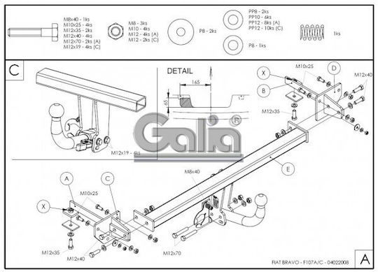 Galia Tow Hook Car Fiat Bravo Hatchback 2007with bolts Maximum Towing Weight 1300kg with Screws