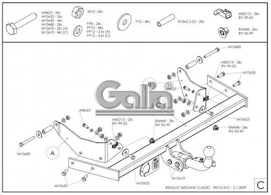 Galia Automatic Tow Hook Car Renault Megane 1997-2002 Automatic Maximum Towing Weight 1350kg