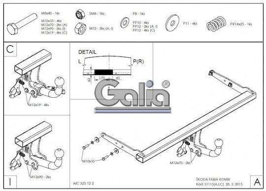 Galia Automatic Tow Hook Car Skoda Fabia Kombi 2015 - 2018 Automatic Maximum Towing Weight 1200kg