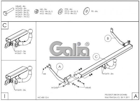 Galia Automatic Tow Hook Car Peugeot 308 Kombi 2008 - 2014 Automatic Maximum Towing Weight 1700kg