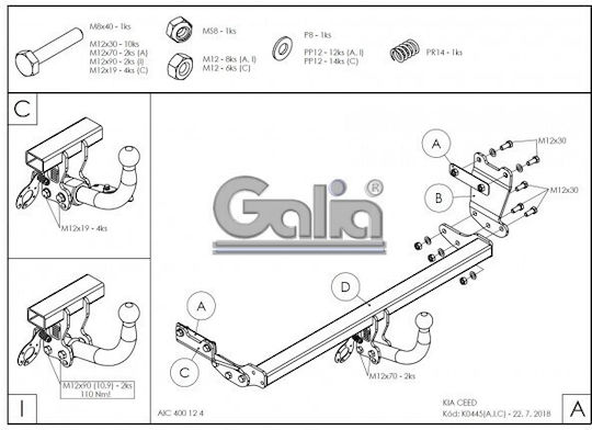 Galia Automatic Tow Hook Car Kia Ceed 5 door 2018 Automatic Maximum Towing Weight 1600kg