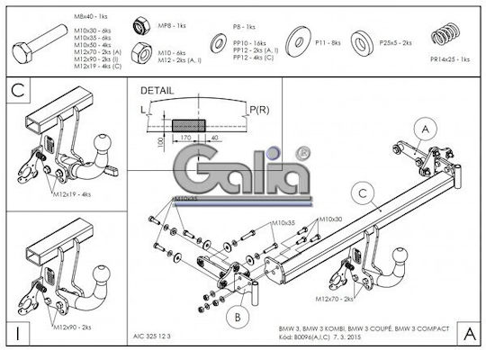 Galia Tow Hook Car BMW Series 3 4 doors 1998-2005 with Bolts Maximum Towing Weight 1800kg with Screws