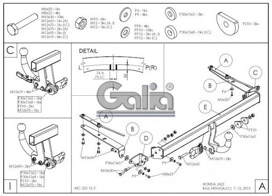 Galia Tow Hook Car Honda Jazz Hatchback 2015 with bolts Maximum Towing Weight 1200kg with Screws