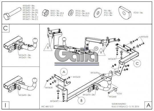 Galia Tow Hook Car Suzuki Baleno Hatchback 2016 with bolts Maximum Towing Weight 1200kg with Screws