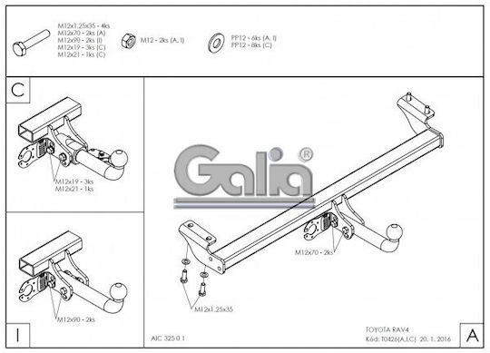Galia Automatic Tow Hook Car Toyota RAV 4 Suv 2000 - 2006 Automatic Maximum Towing Weight 1800kg