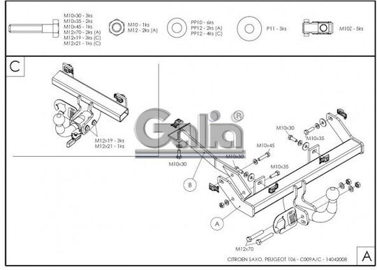 Galia Automatic Tow Hook Car Citroen Saxo Hatchback 1995 - 2003 Automatic Maximum Towing Weight 1100kg
