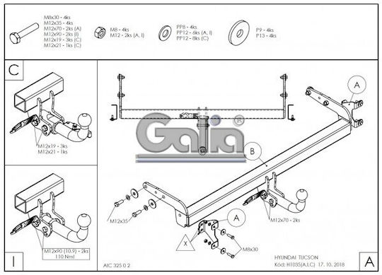 Galia Automatic Tow Hook Car Hyundai Tucson 2018 / 2020 Automatic Maximum Towing Weight 2200kg