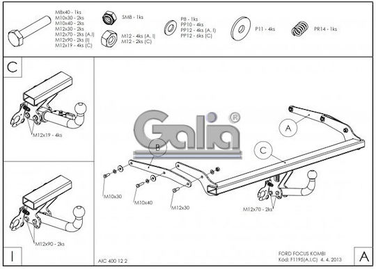 Galia Automatic Tow Hook Car Ford Focus Kombi 2011 Automatic Maximum Towing Weight 1600kg