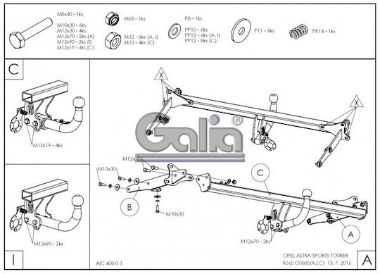 Galia Automatic Tow Hook Car Opel Astra Sports Tourer 2016 Automatic Maximum Towing Weight 1700kg