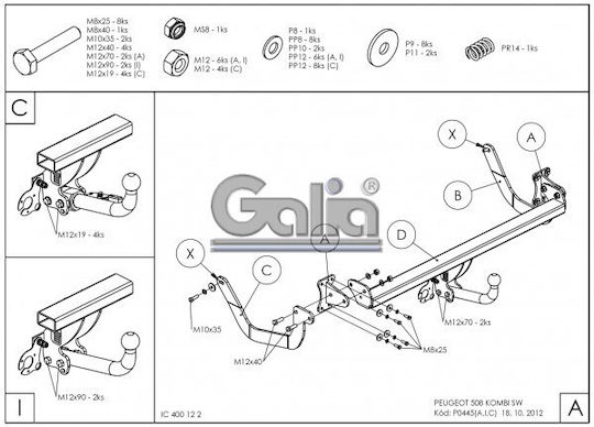 Galia Automatic Tow Hook Car Peugeot 508 Kombi 2011 - 2018 Automatic Maximum Towing Weight 1900kg