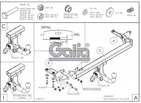 Galia Automatic Tow Hook Car Subaru XV Crossover 2011 - 2017 Automatic Maximum Towing Weight 1600kg