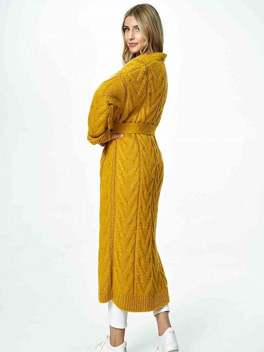 Figl Μακριά Γυναικεία Πλεκτή Ζακέτα σε Κίτρινο Χρώμα