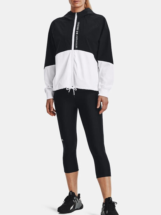 Women's Short Sports Jacket Windproof for Spring or Autumn with Hood Black/white