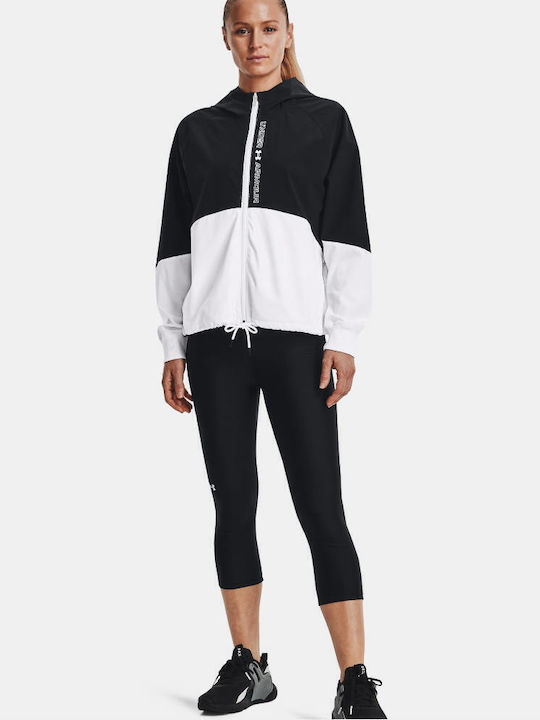 Women's Short Sports Jacket Windproof for Spring or Autumn with Hood Black/white