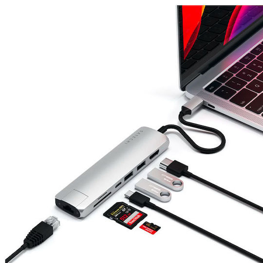 Satechi Slim Multi-Port USB-C Stație de andocare cu HDMI 4K PD Ethernet Argintiu