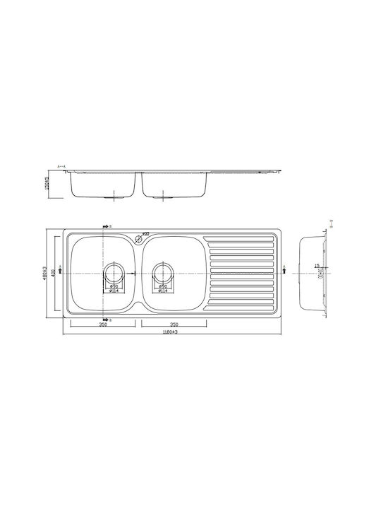 Karag BL 933 BL933B Drop-In Sink Inox Satin W116xD50cm Silver