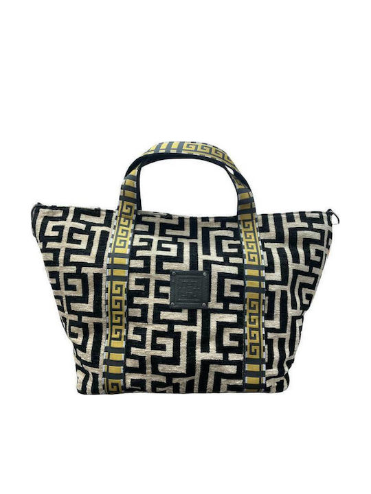 Ariadne Δερμάτινη Γυναικεία Τσάντα Tote Χειρός Beige/Black Chenille