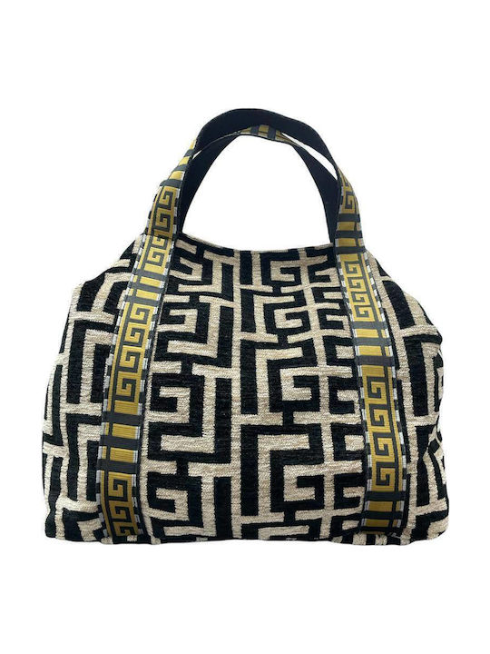 Ariadne Δερμάτινη Γυναικεία Τσάντα Tote Χειρός Beige/Black Chenille