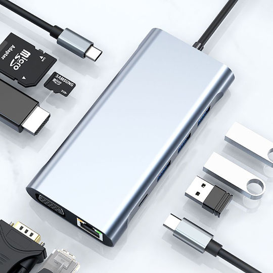 Tech-Protect 10in1 USB-C Докинг станция с HDMI 4K PD Етърнет Сив